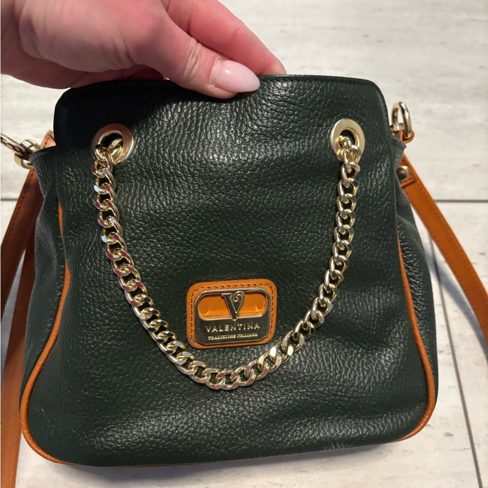 Valentina Dark Green Leather Crossbody with Gold Chain
